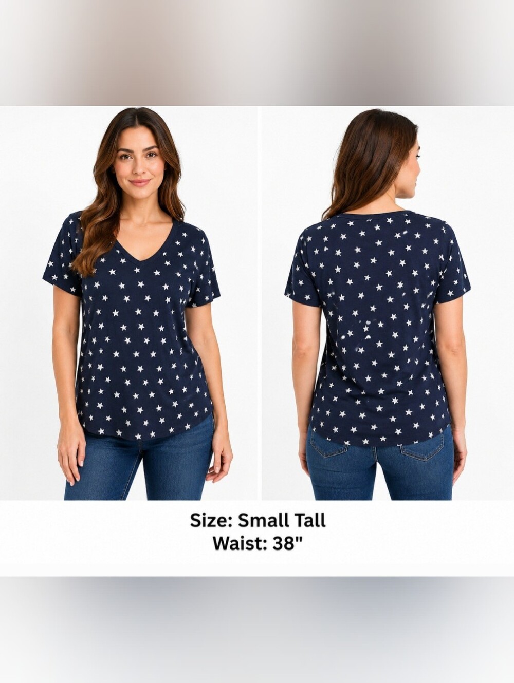Old Navy Stars Shirt Everywear Sz S TALL Blue V-Neck Short Sleeve Pull On Cotton